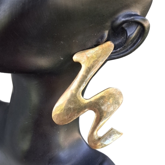 VINTAGE BRASS MODERNIST STYLE ABSTRACT STATEMENT EARRINGS - Picture 2 of 5